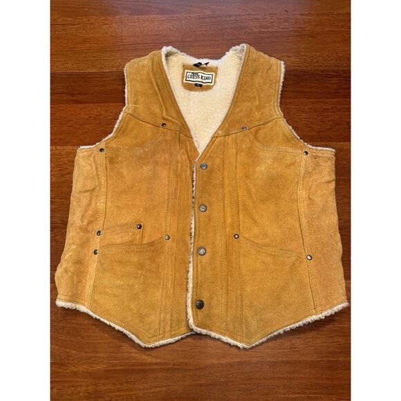 XL Vintage Chess King Sherpa Lined Suede Western Cowboy Vest 70s Snap - Picture 3 of 12